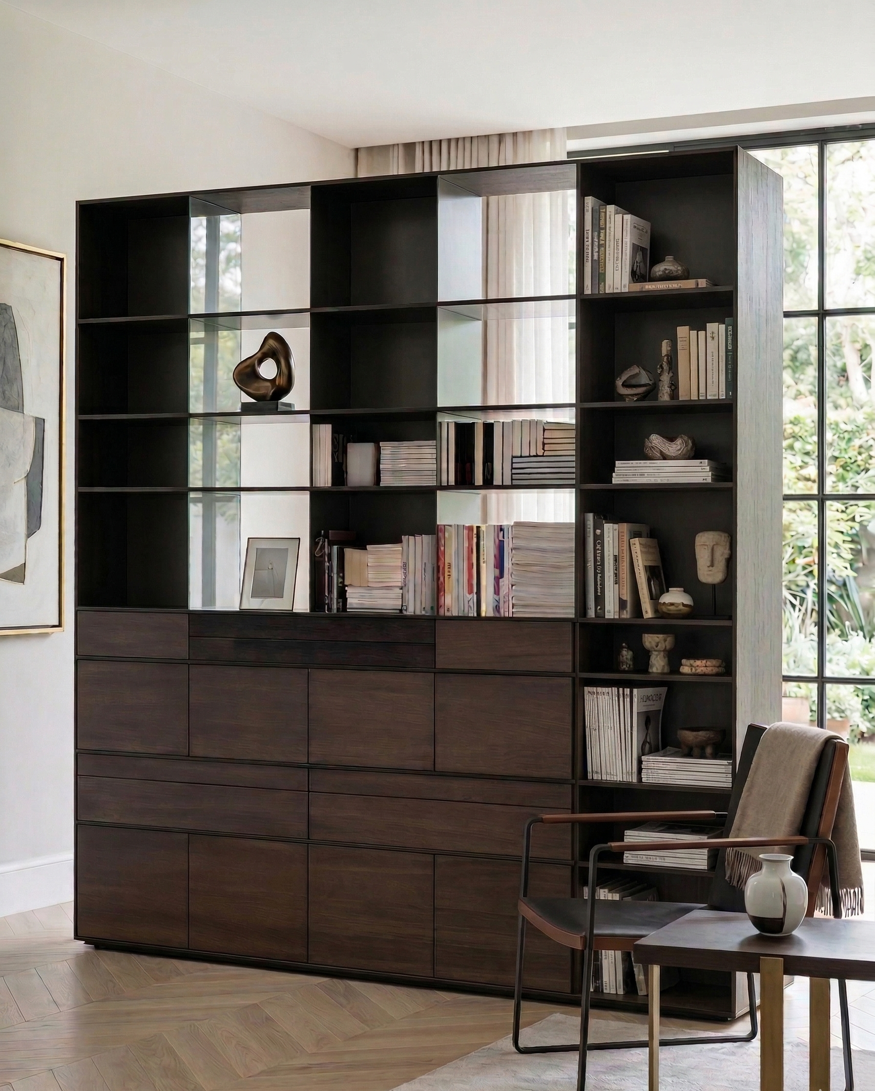 Walnut and steel frame detail of the monumental double-sided bookshelf