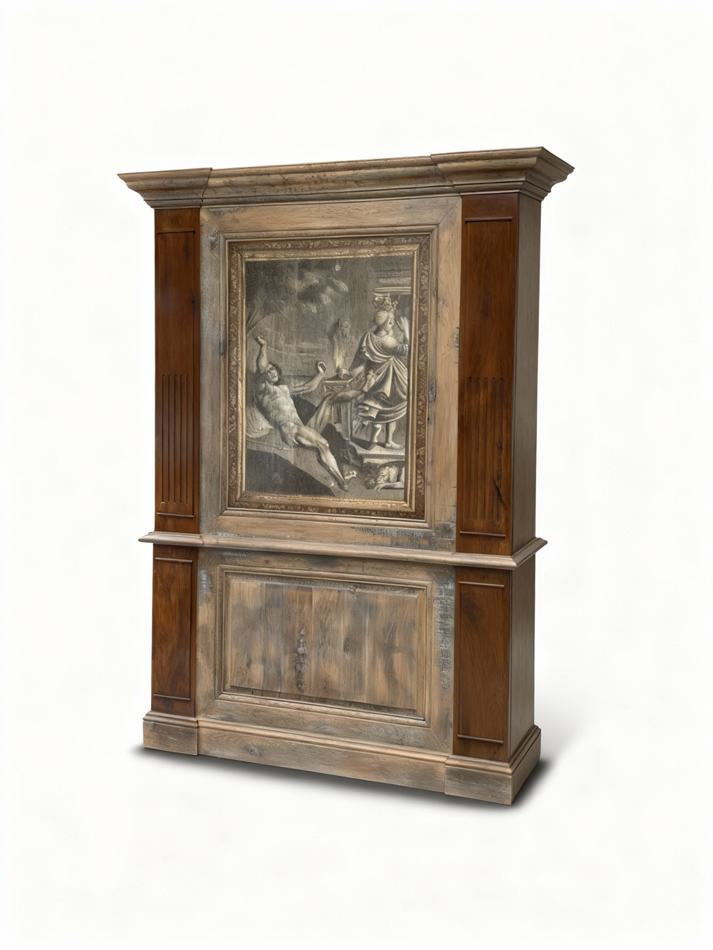 Sumptuous solid oak wall paneling set with grooved panels, elegant cornice, and a central framed mythological painting (Aeolus and Meleager)