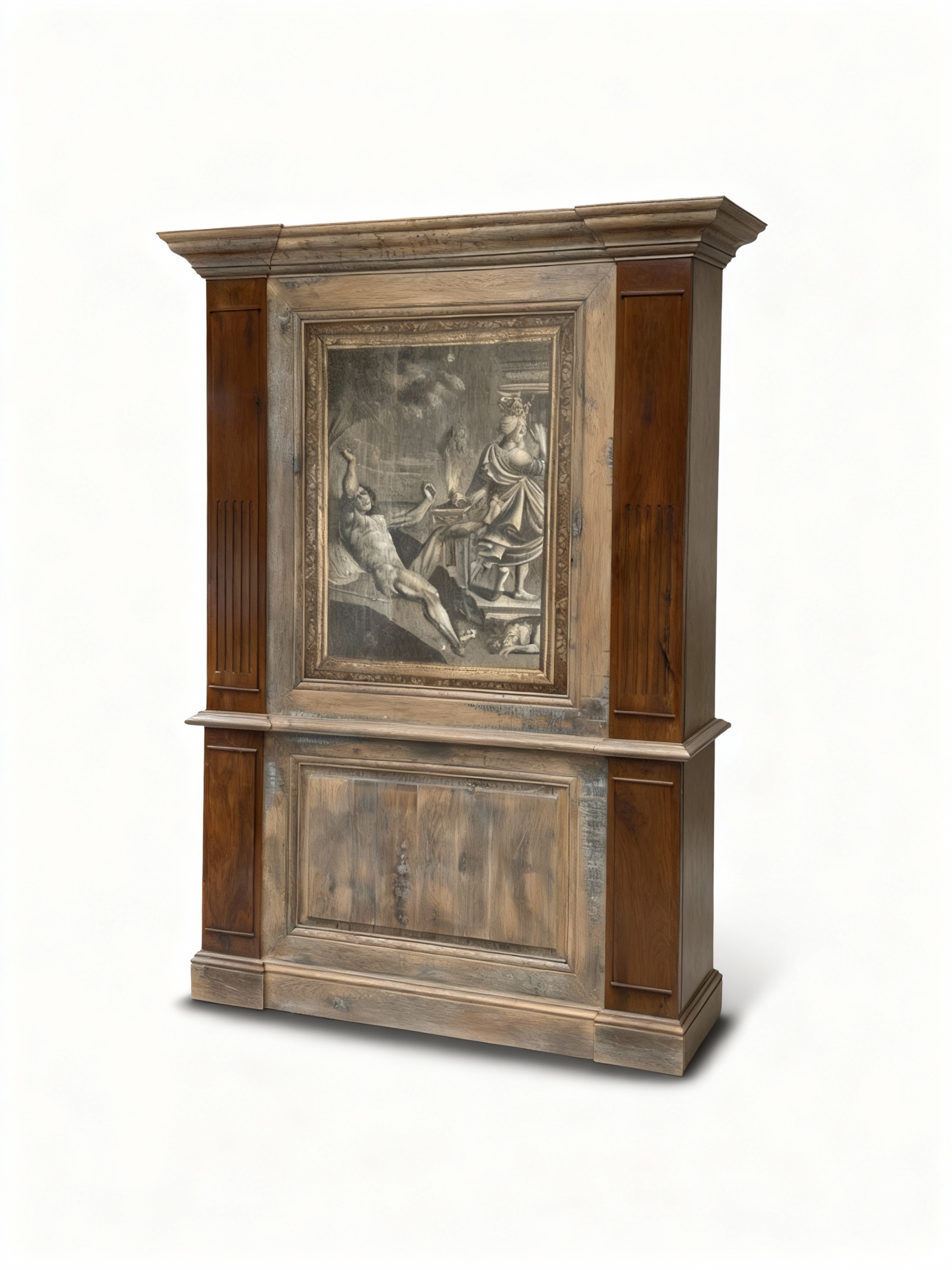 Sumptuous solid oak wall paneling set with grooved panels, elegant cornice, and a central framed mythological painting (Aeolus and Meleager)