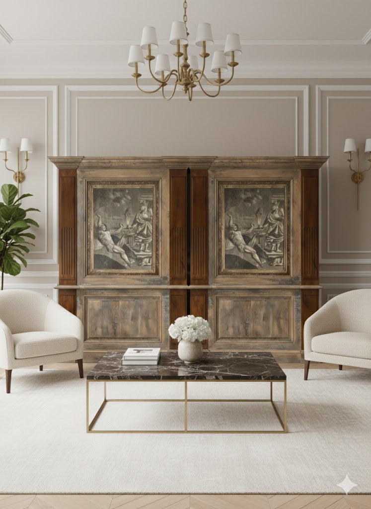 Sumptuous solid oak wall paneling set with grooved panels, elegant cornice, and a central framed mythological painting (Aeolus and Meleager)