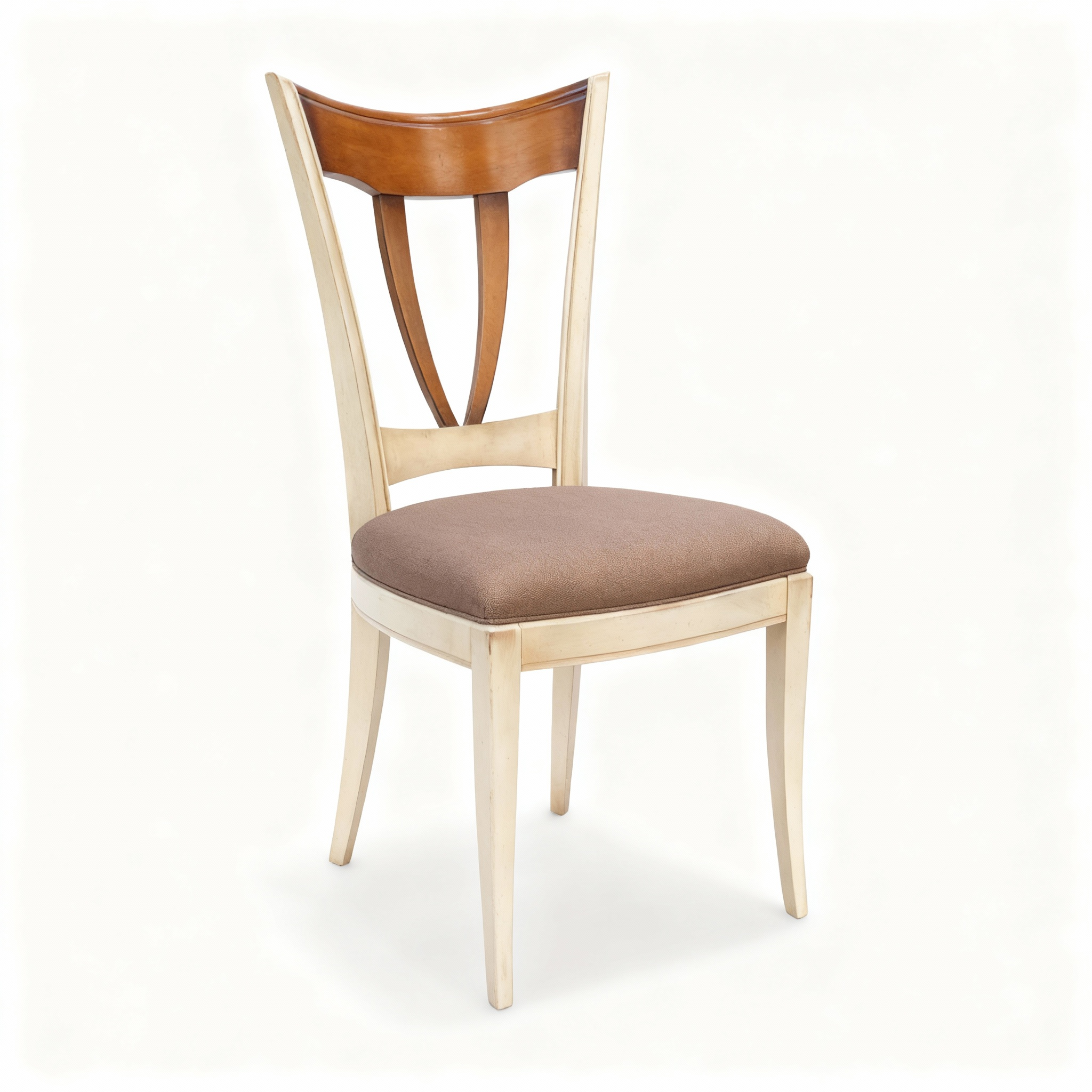 Neoclassical-style dining chair with a two-tone finish: a cream/off-white patinated frame, a light wood curved backrest, and a seat upholstered in soft mocha fabric.
