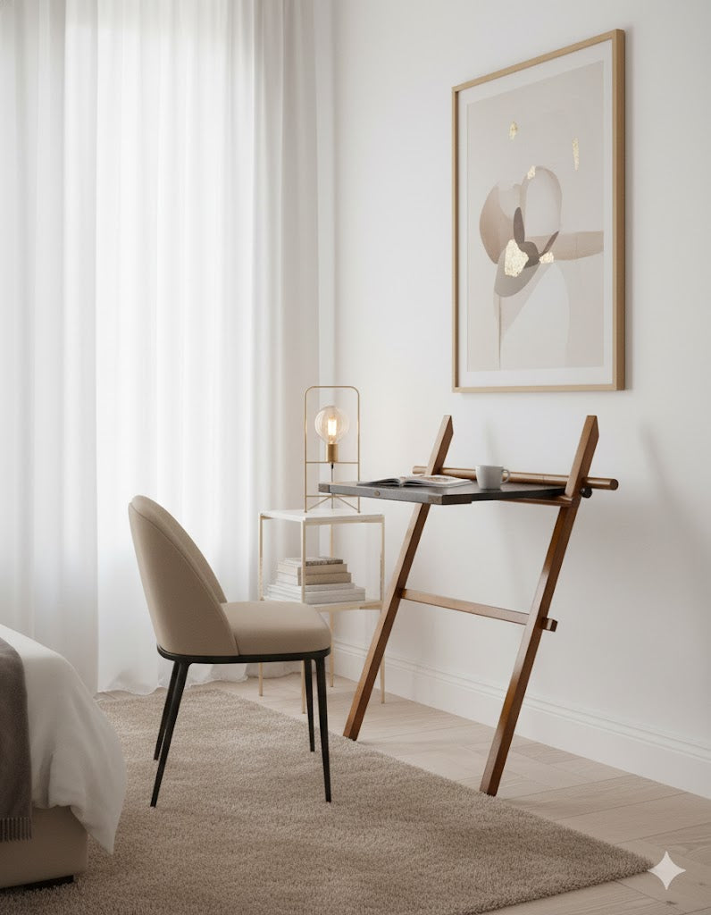 Nomade writing desk open showing the cherry wood and matte black top