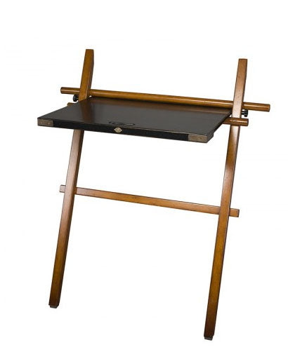 Nomade foldable writing desk in warm cherry wood with a matte black top, compact folded view