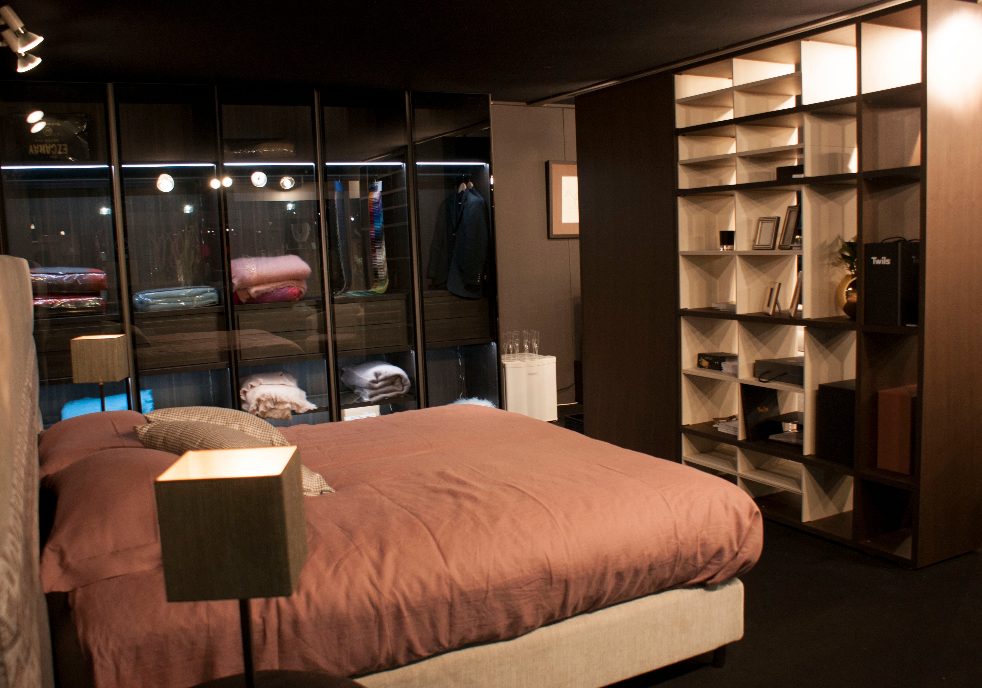 OTTO luxury wardrobe (386.5cm) with five tinted glass doors, Wenge interior finish, and integrated LED lighting