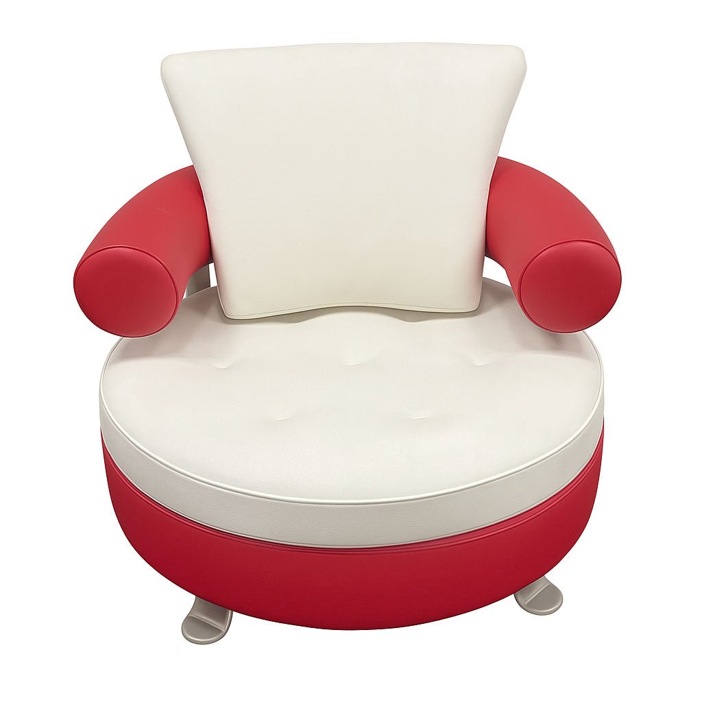 "Original" swivel armchair in red and white bi-color leather, cylindrical armrests, brushed steel base. Bold modern style. 