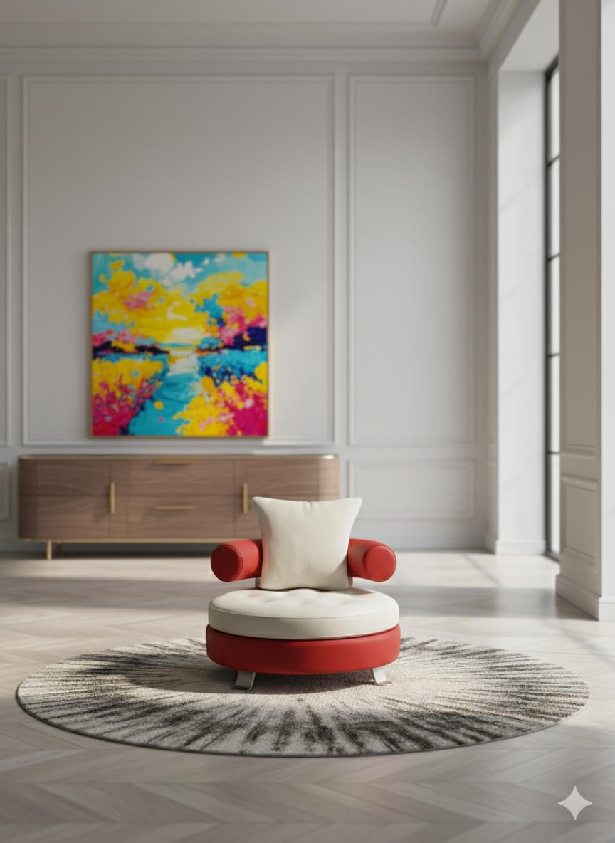 Side profile of the Original bicolor leather swivel armchair showing red and white contrast
