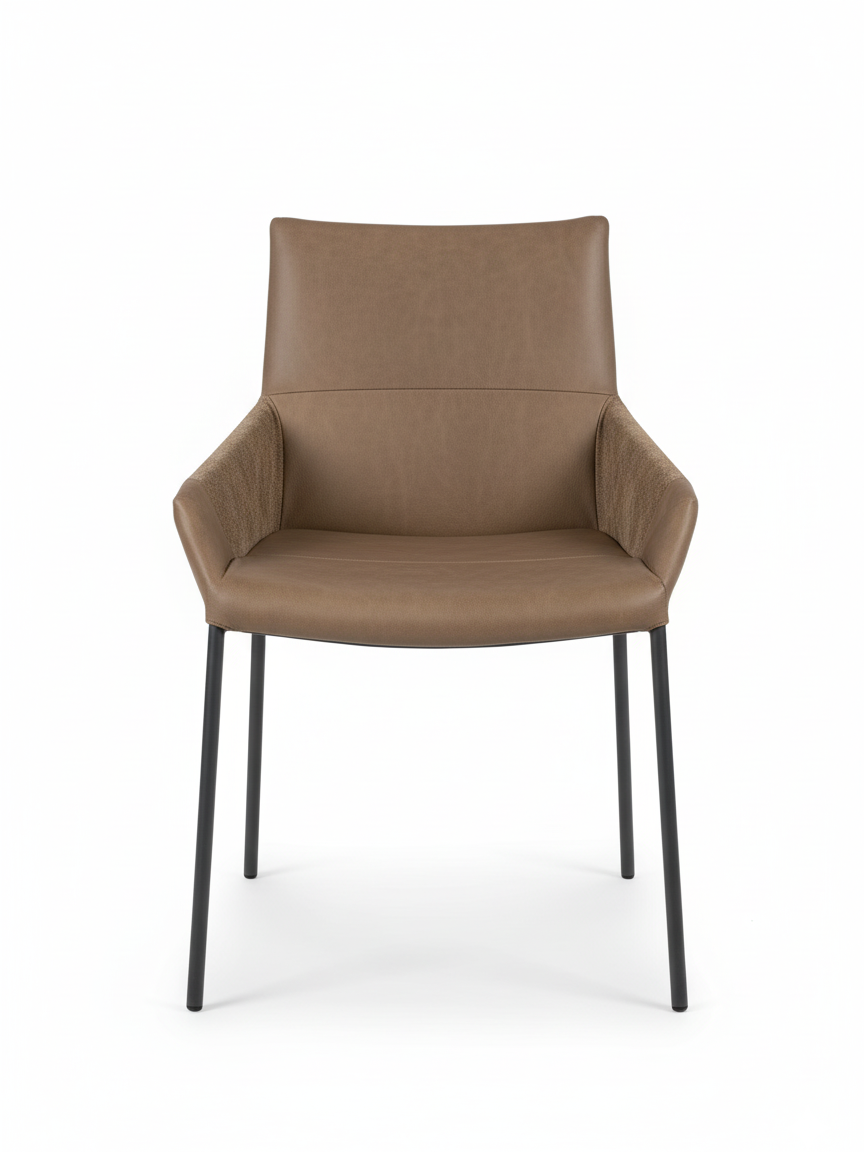 Contemporary dining chair in premium earth-tone leather with textured armrests on black tubular metal base