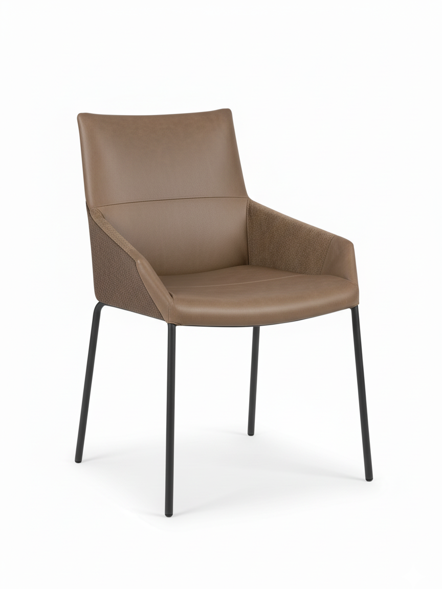 Contemporary dining chair in premium earth-tone leather with textured armrests on black tubular metal base