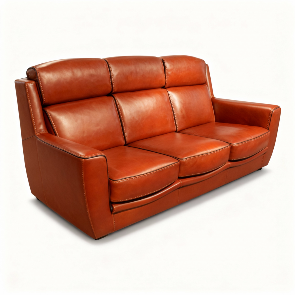 Complete "Québec" living room set featuring a 3-seater sofa, 2-seater sofa, and matching armchair, all upholstered in deep cognac full-grain leather with black piping.Accessibility (screen readers) and Image SEO.