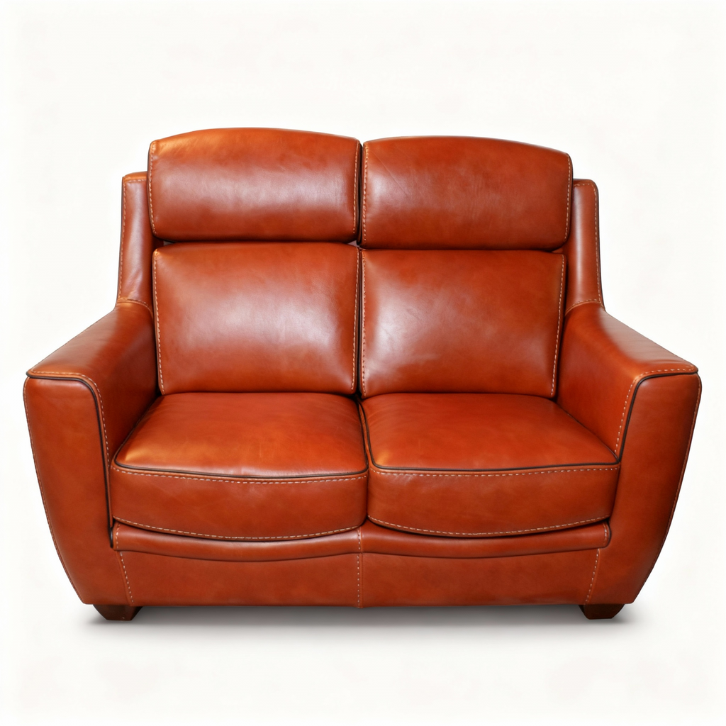 Complete "Québec" living room set featuring a 3-seater sofa, 2-seater sofa, and matching armchair, all upholstered in deep cognac full-grain leather with black piping.