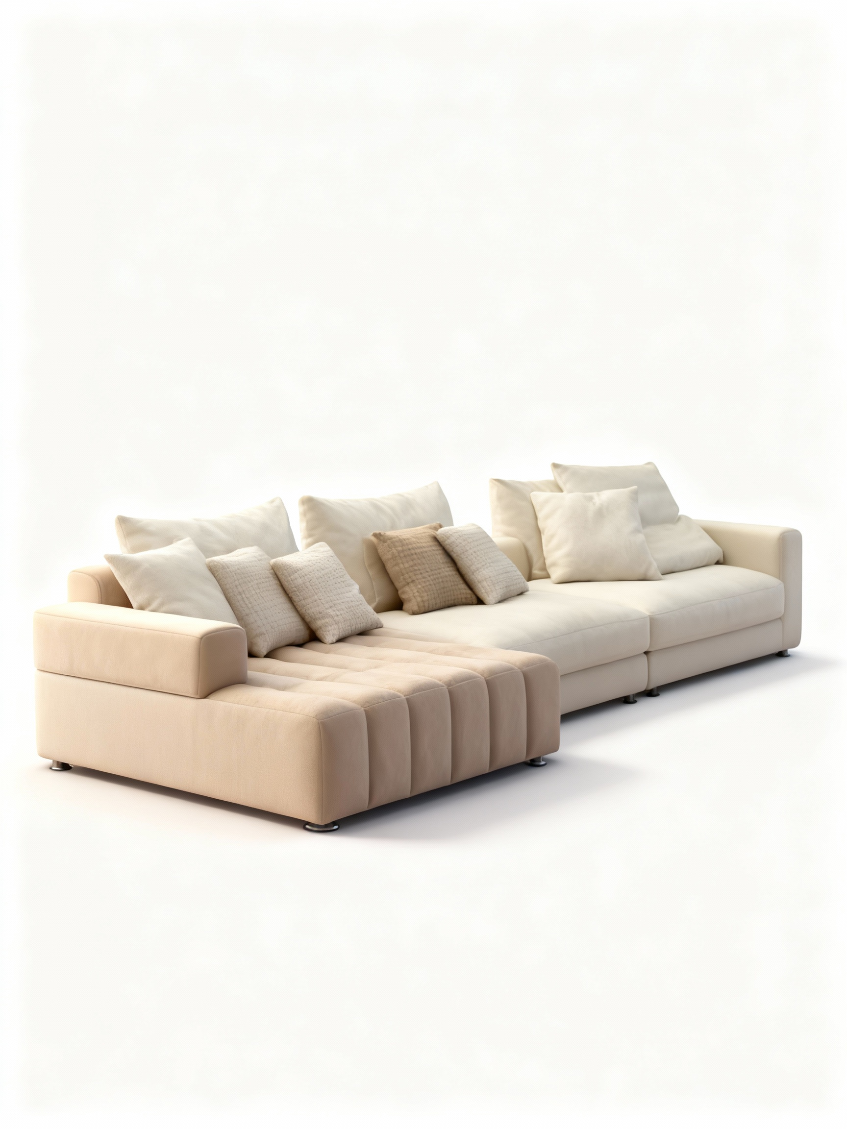 RICCI spectacular 3-element sectional sofa (400cm) combining quilted leather chaise lounge and vanilla washable fabric elements