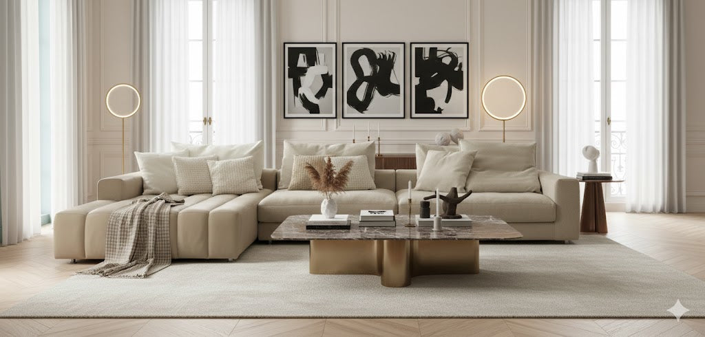 RICCI spectacular 3-element sectional sofa (400cm) combining quilted leather chaise lounge and vanilla washable fabric elements