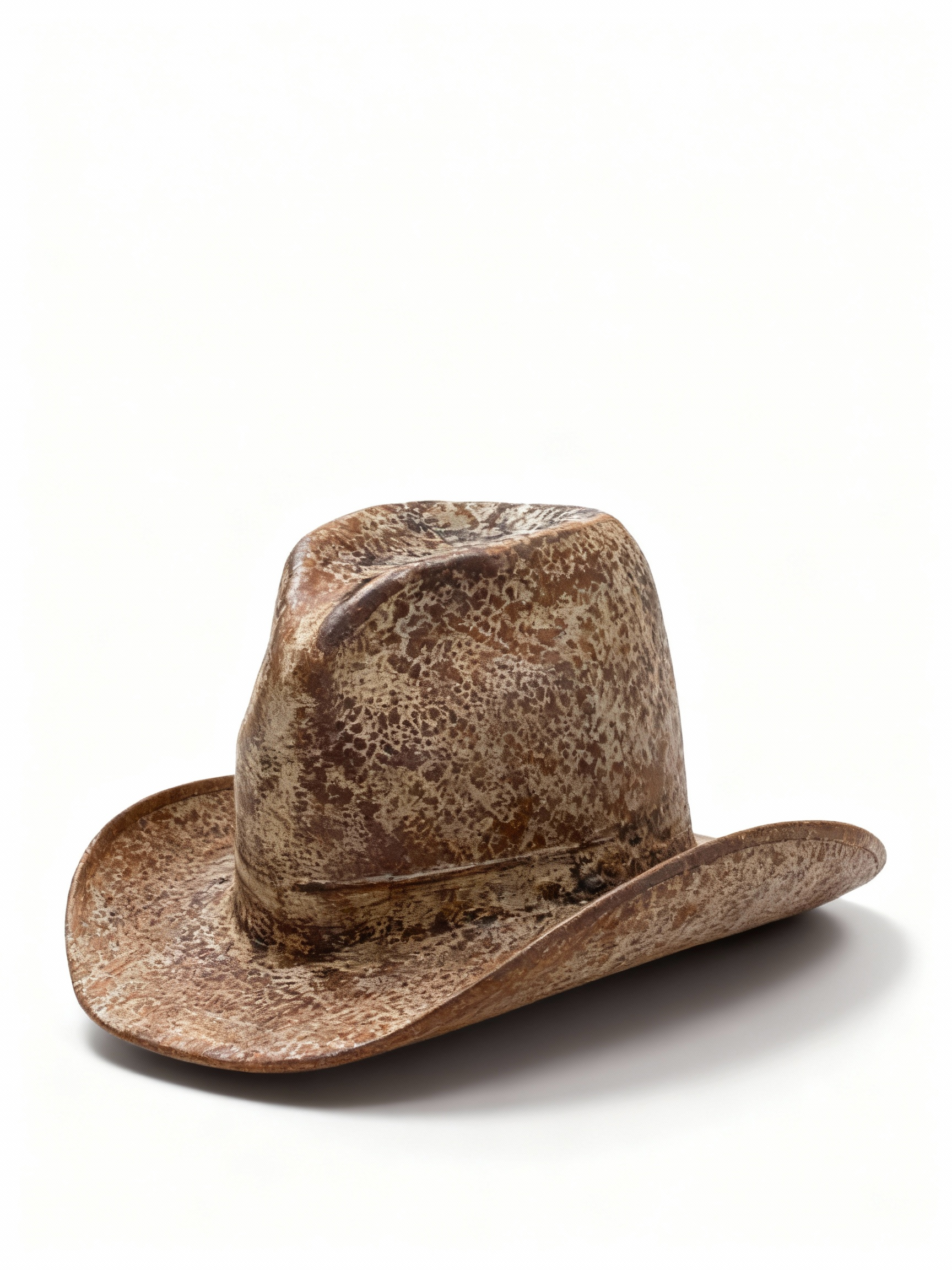 RIO GRANDE decorative cowboy hat sculpture with textured, cracked patina simulating deeply aged brown and cream weathered leather