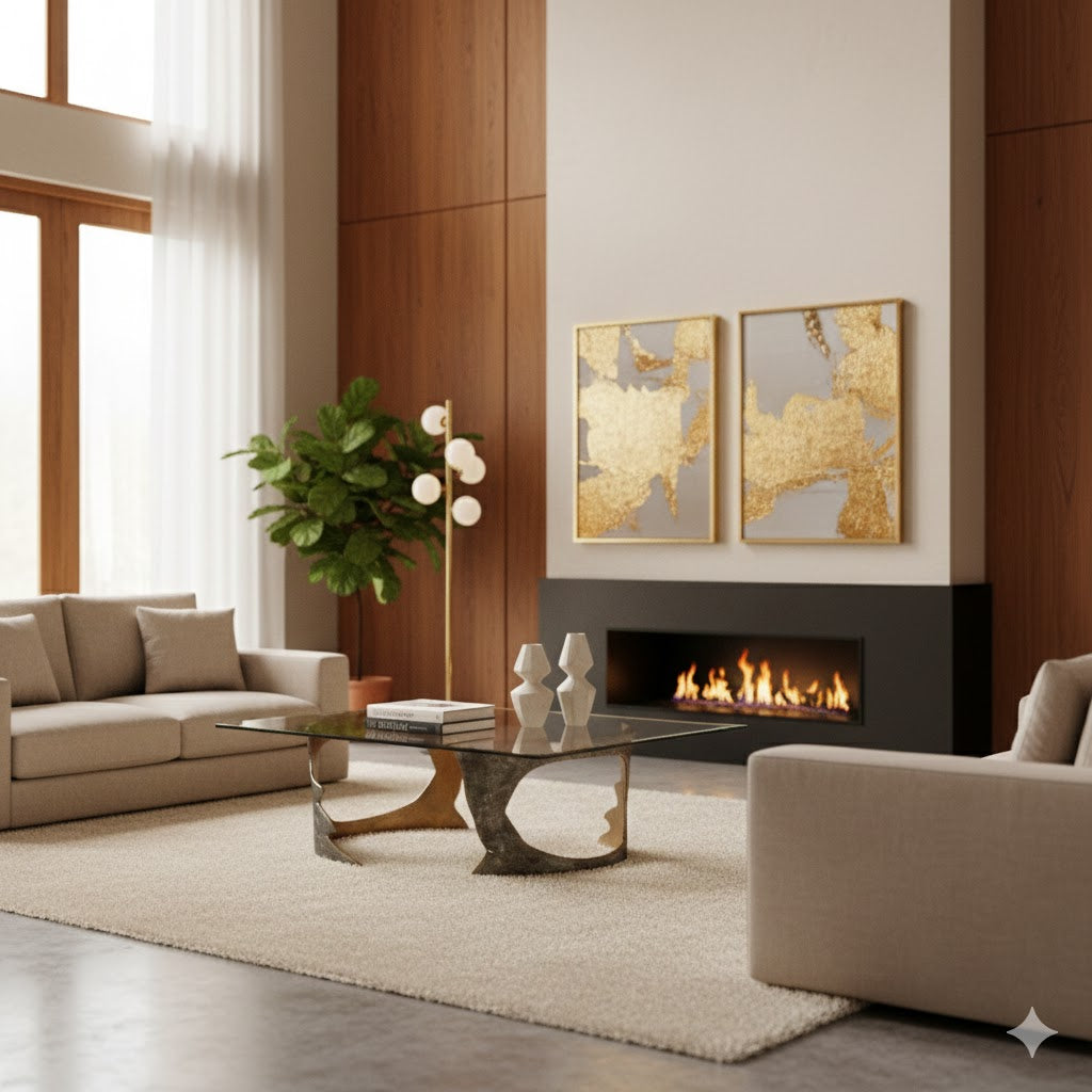 Rectangular coffee table (130x80x38.5cm) with a tempered glass top resting on two unique, hand-shaped metal bases finished in contrasting bronze and gold tones