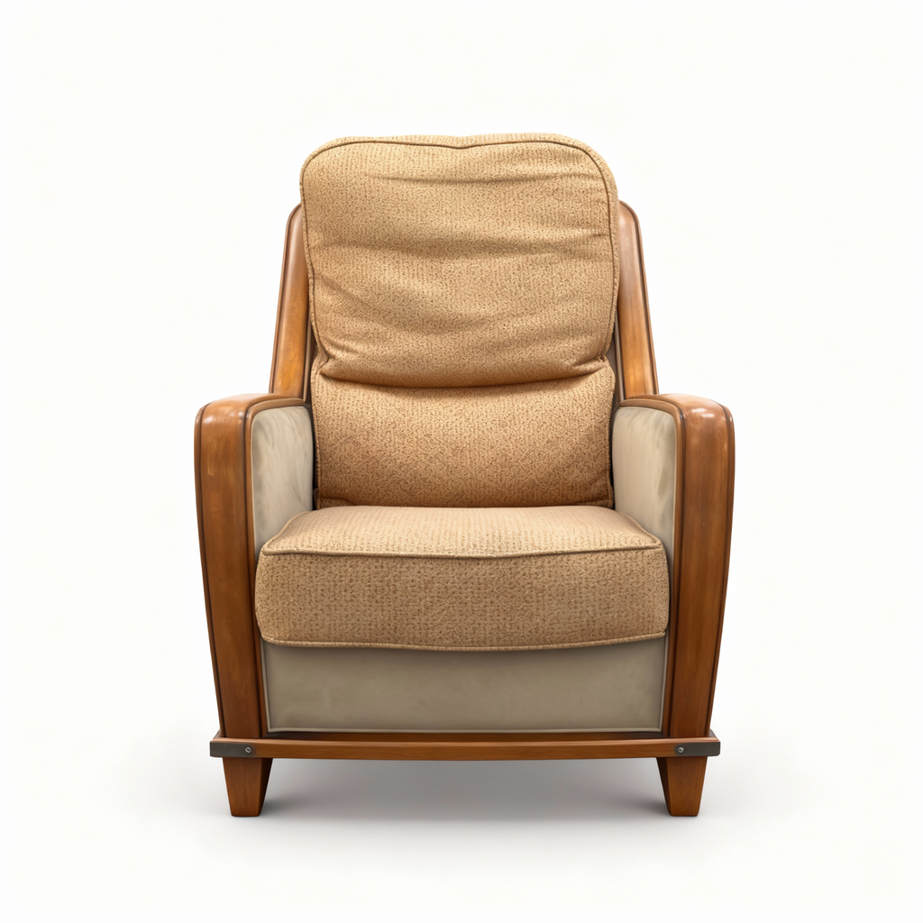 Art Deco retro armchair with curved wooden frame and two-tone fabric upholstery