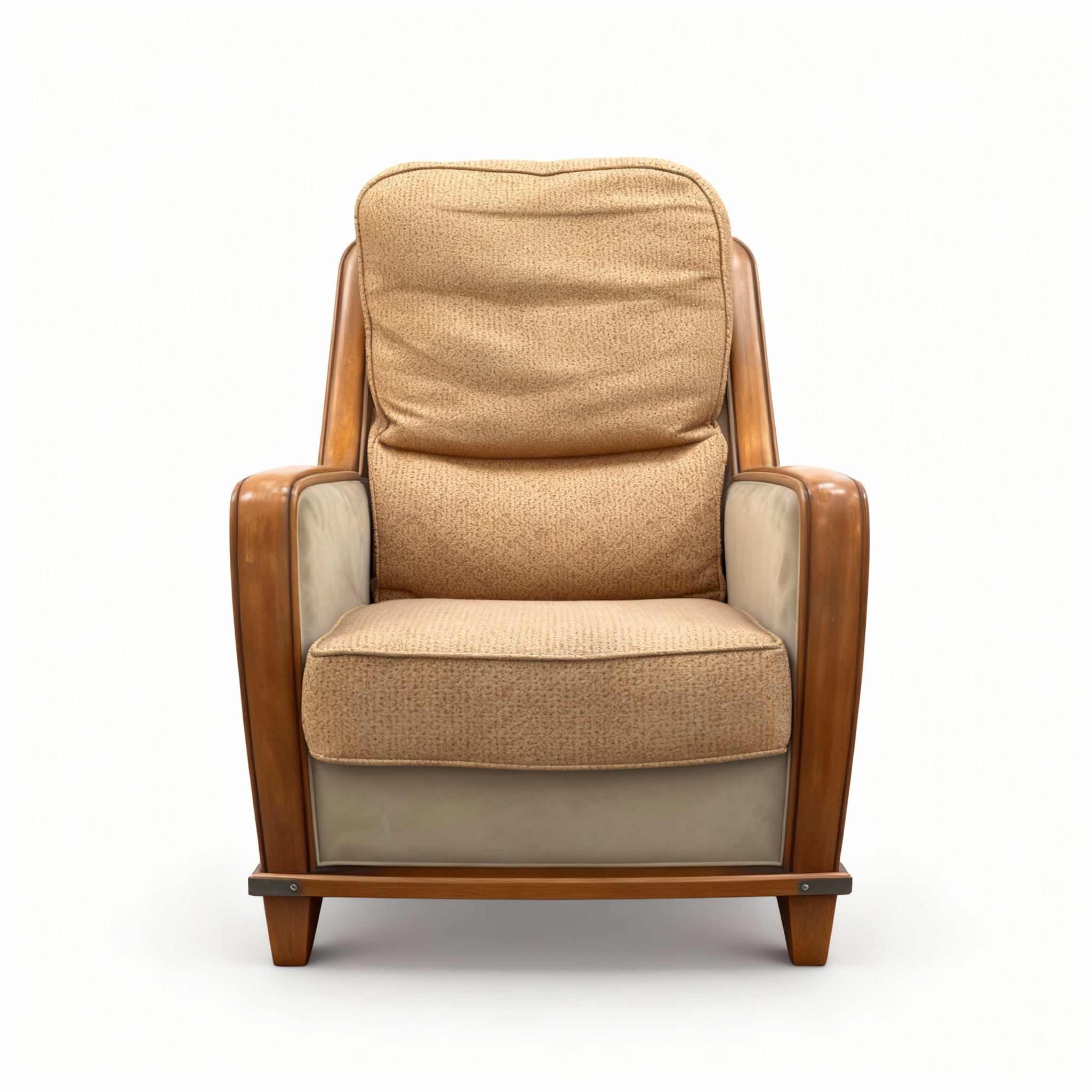 Retro accent armchair featuring a curved, light-toned wooden frame, high back, and two-tone upholstery with beige textured fabric and cream faux leather accents.