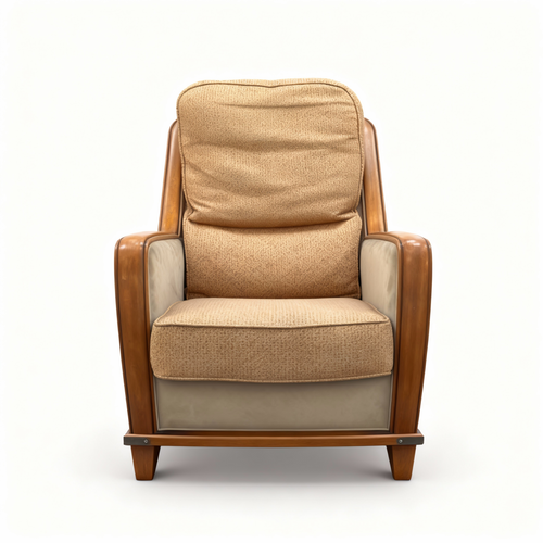 Art Deco retro armchair with curved wooden frame and two-tone fabric upholstery