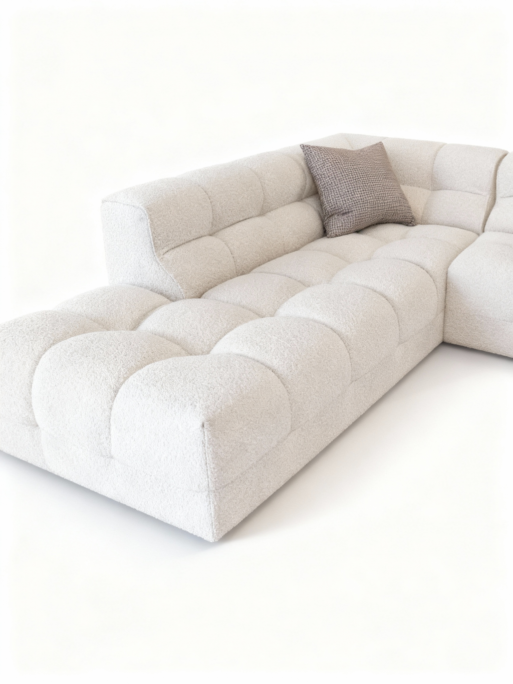MERLIN contemporary sectional sofa with quilted square stitching in washable white fabric, featuring a right-arm end section and spacious chaise lounge