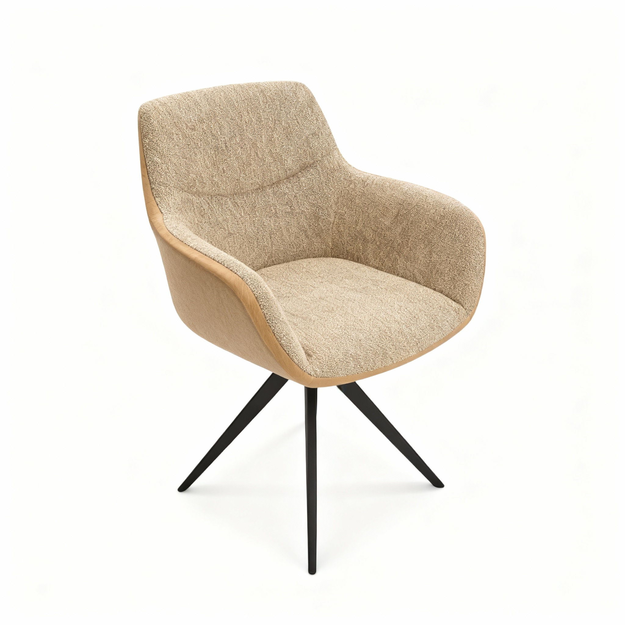 "Roma" compact accent armchair (60x60x80cm) with a black steel tripod base and two-tone upholstery: brown faux leather exterior and beige textured fabric interior