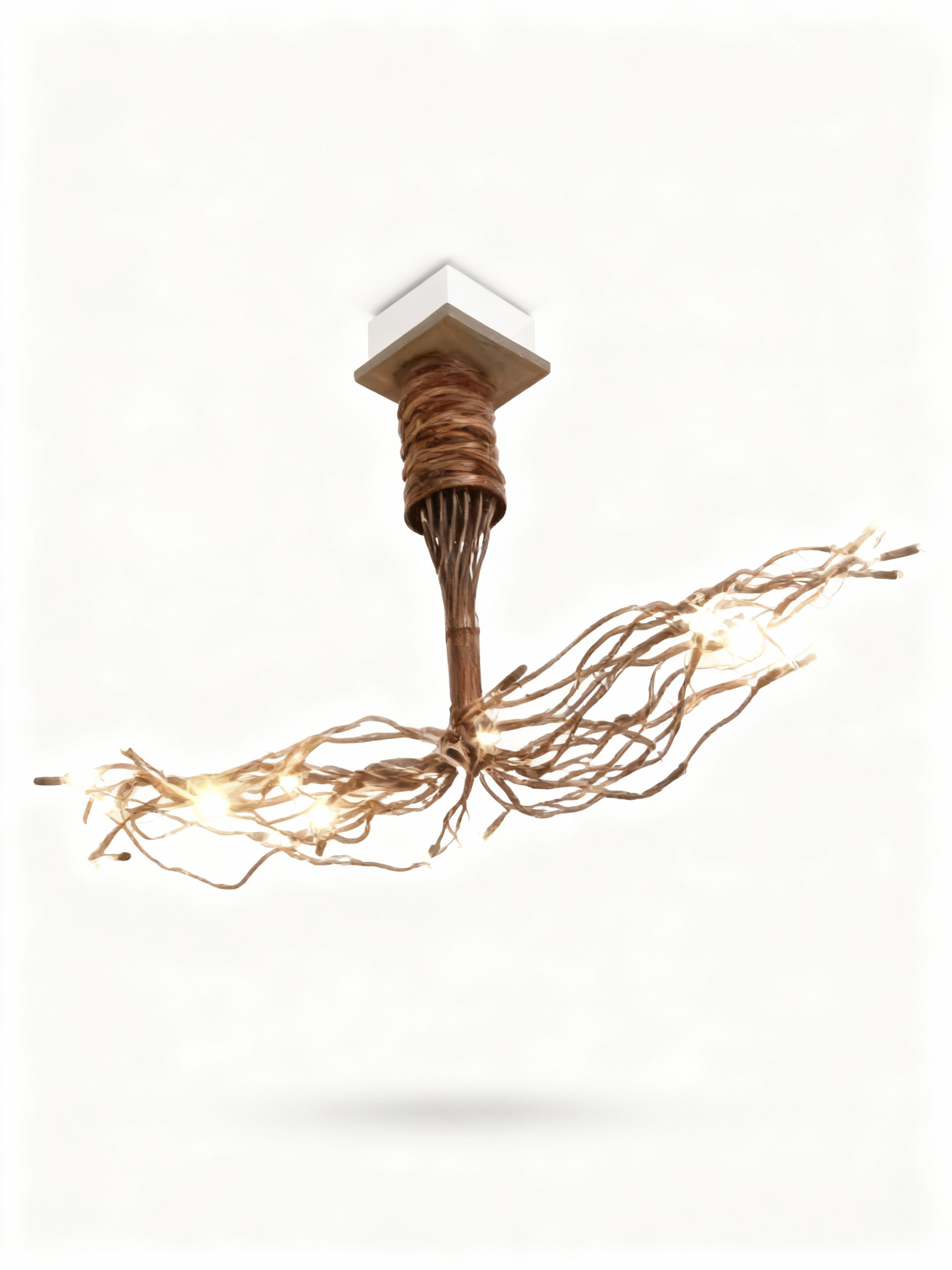 "Rooted Light" sculptural pendant chandelier (130cm) evoking intertwined roots/branches, with multiple light sources and a central copper-brown artisanal band