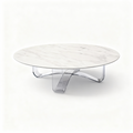 Round Calacatta-look coffee table on a transparent glass base