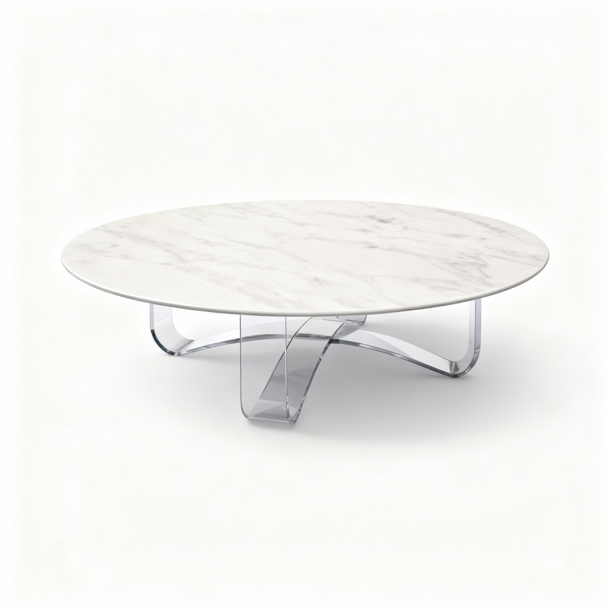 Round coffee table (130cm diameter) with a striking Calacatta-style top resting on a transparent sculptural glass base, creating an illusion of floating elegance