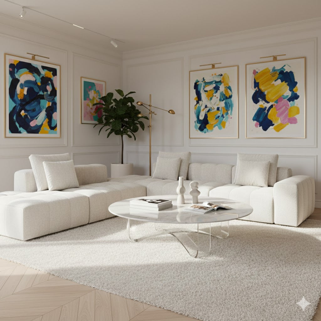 Round coffee table (130cm diameter) with a striking Calacatta-style top resting on a transparent sculptural glass base, creating an illusion of floating elegance