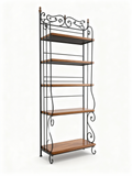 Rustic open bookcase with wrought iron frame and full-grain leather shelves