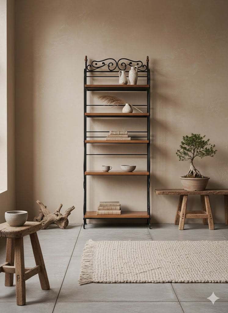 Rustic chic open bookcase (102x43x206cm) with a wrought iron frame and five shelves upholstered in genuine full-grain leather