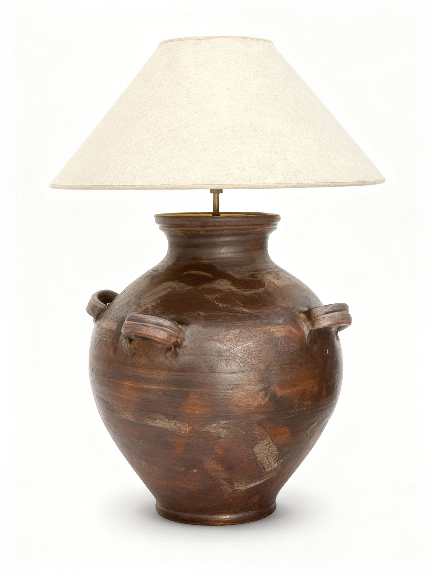 Rustic Chic table lamp with a brown patinated terracotta base inspired by antique jars, featuring decorative handles and a conical linen shade