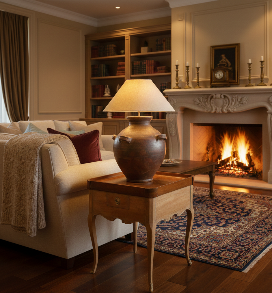 Rustic Chic table lamp with a brown patinated terracotta base inspired by antique jars, featuring decorative handles and a conical linen shade