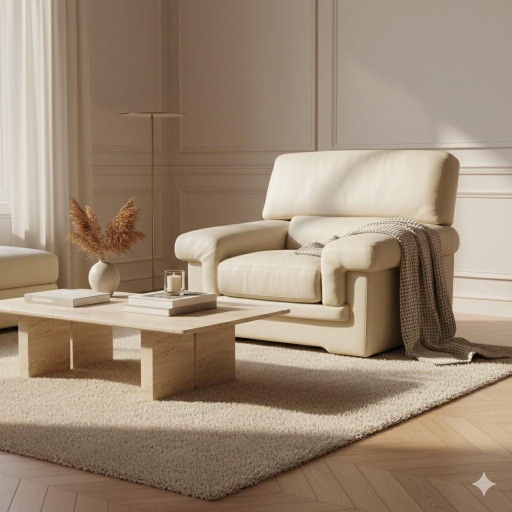 "SAXO" Italian-made armchair (105cm) in solid full-grain leather with tone-on-tone stitching, featuring premium Feather/Bultex padding on a webbed seat