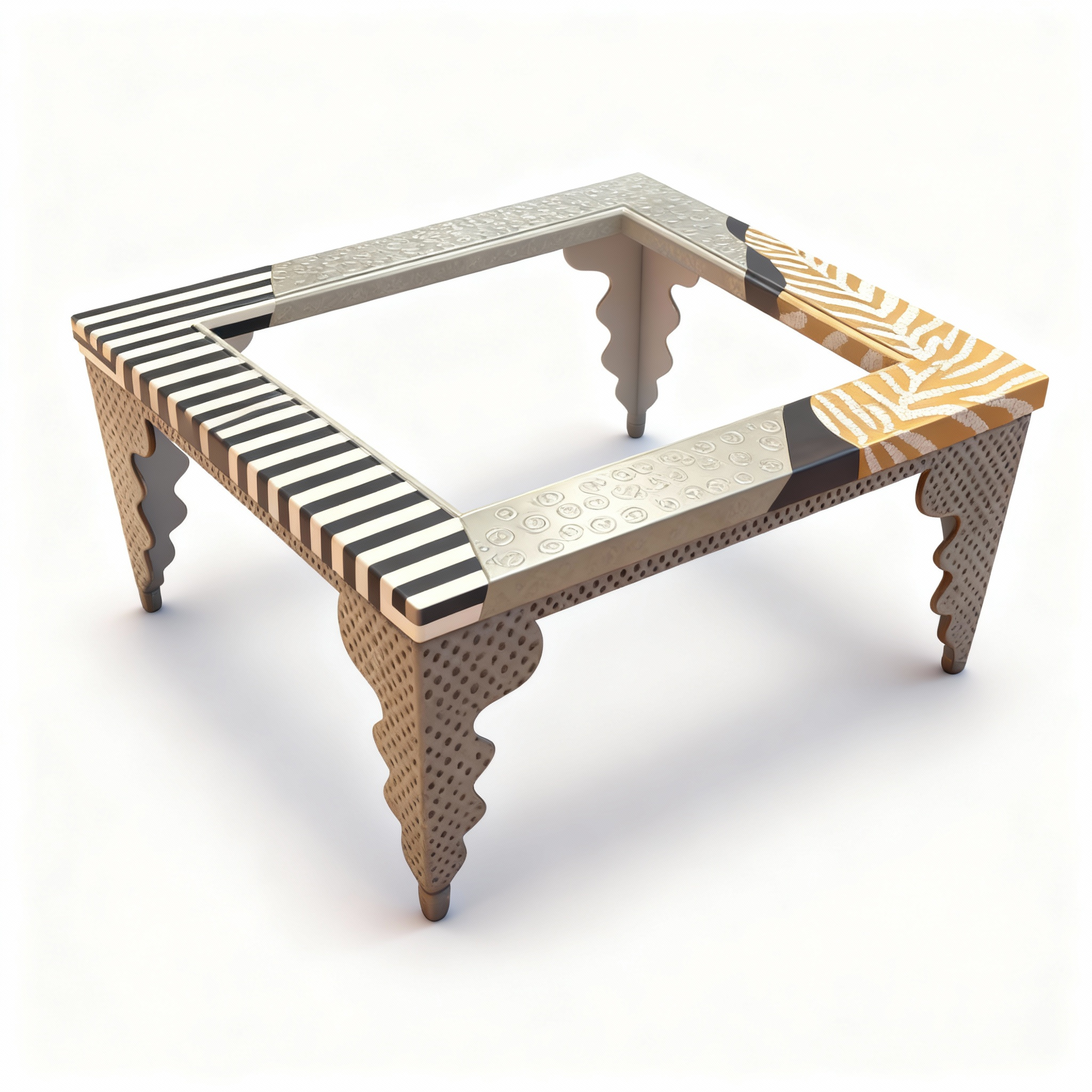 "Safari Chic" coffee table (132x96x45cm) with a sculptural frame adorned in bold, contrasting black/white/ochre graphic patterns and carved legs (Glass top not included)