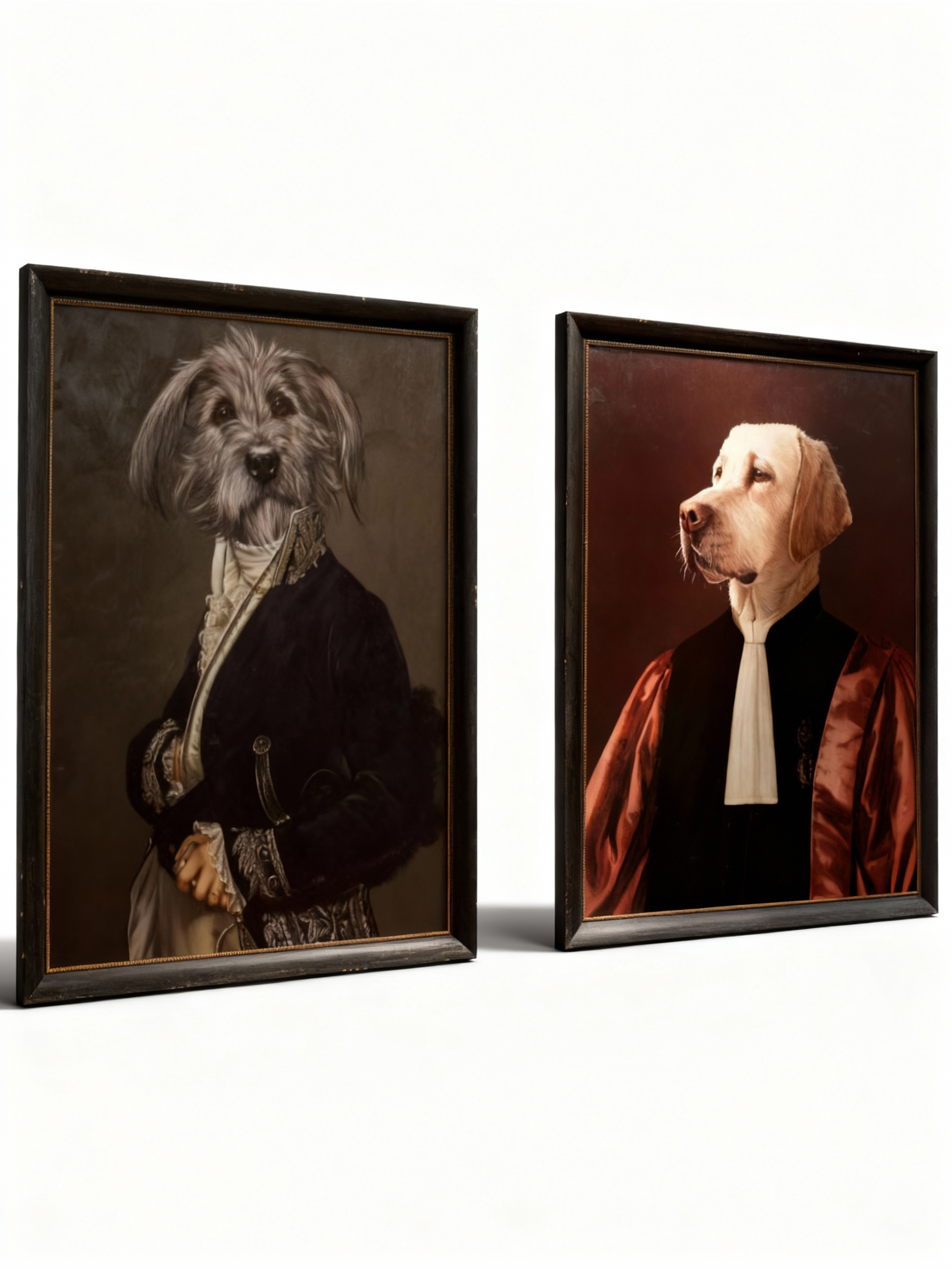 Duo of quirky dog portraits in historical attire (regal and judge robes) with black frames, Poncelet style