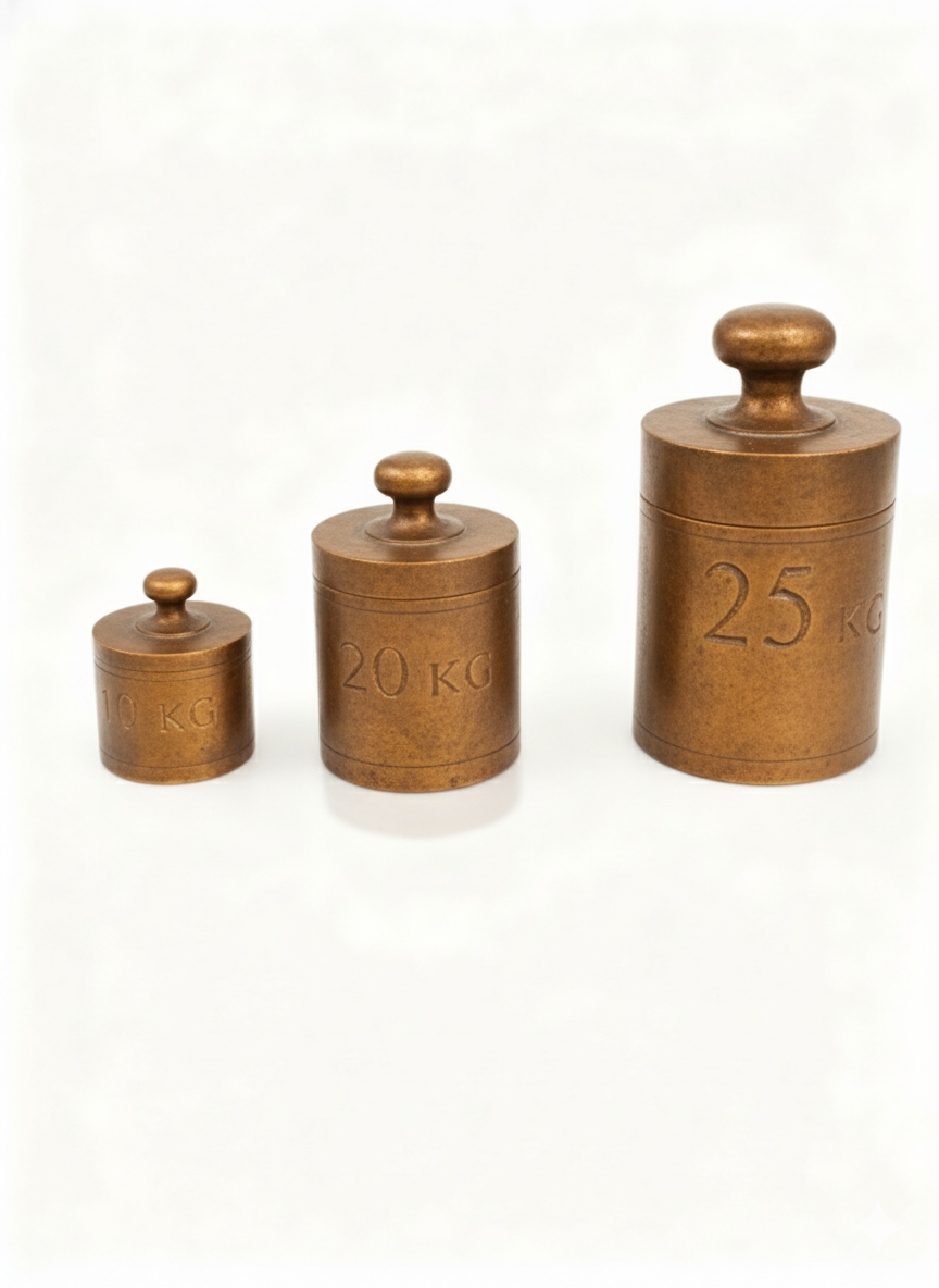 Set of 3 Antique Balance decorative boxes shaped like old weights (10KG, 20KG, 25KG) with patinated brass look