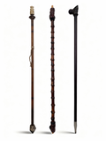 Set of three miniature decorative sculpted tribal art sticks with ethnic hand-carved detailing