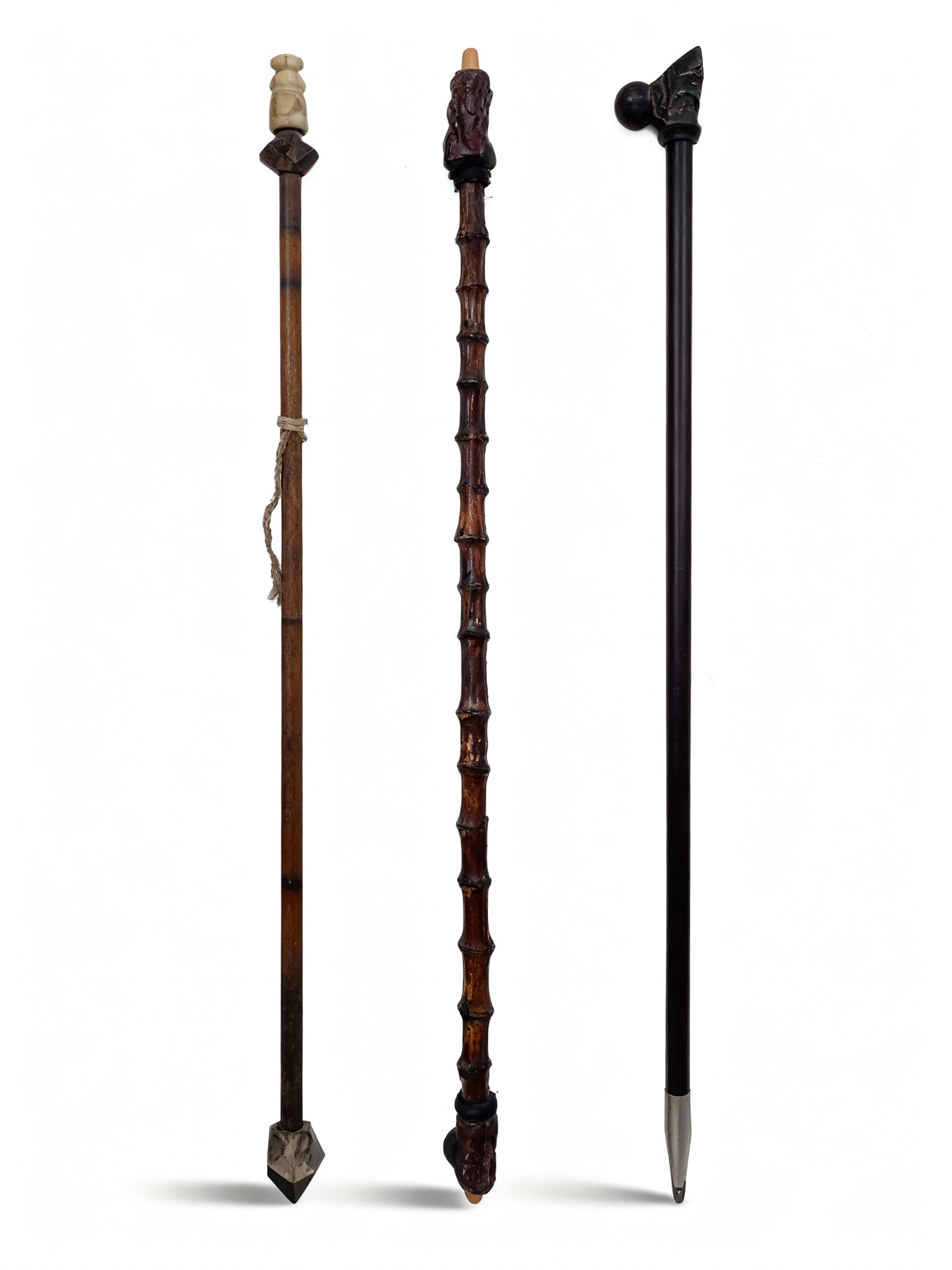 Set of 3 miniature decorative sculpted wood sticks with carved handles, 20cm height, tribal style