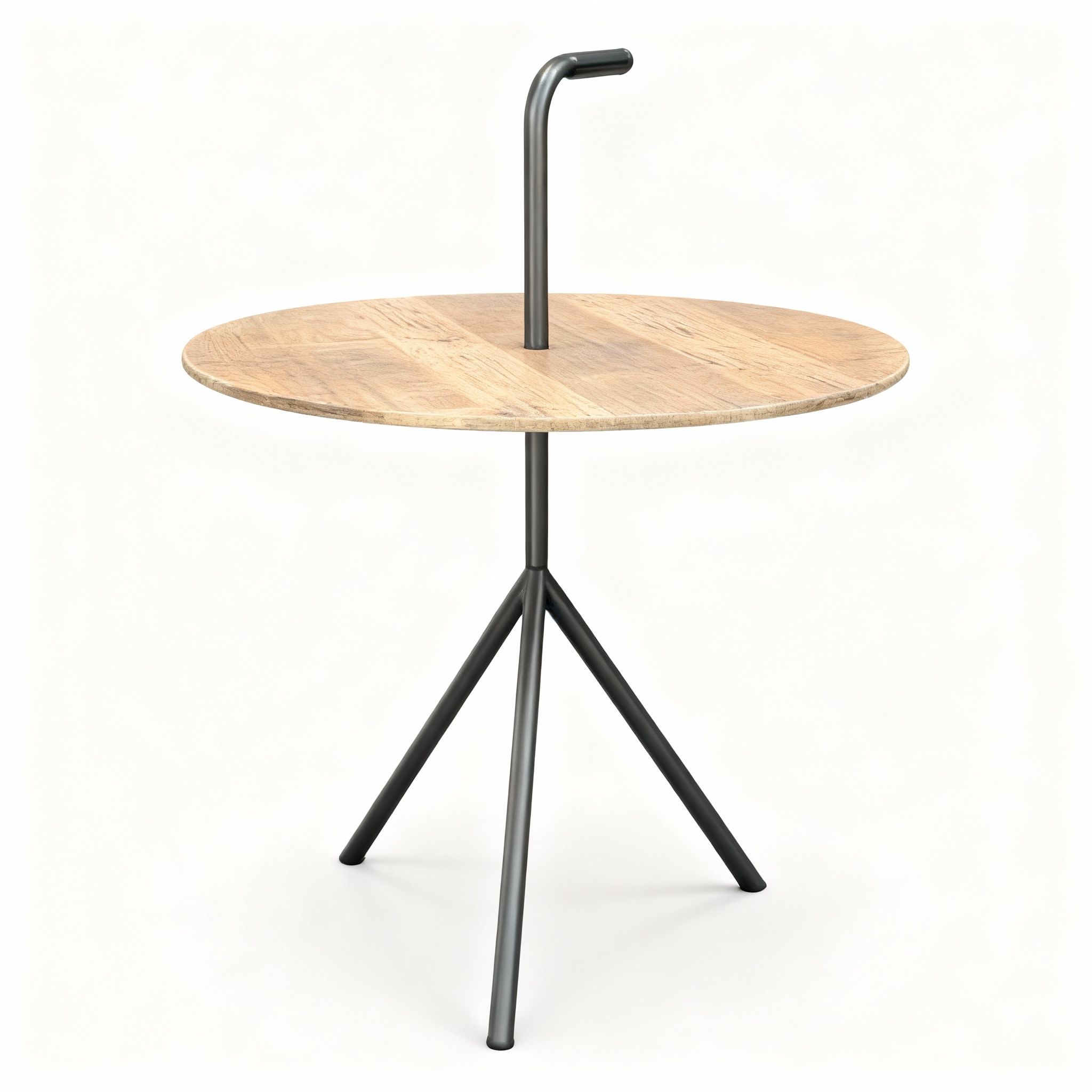 Set of 3 round nesting tables with light wood tops (oak style) and slender, three-pronged black metal bases, featuring a dynamic layered effect