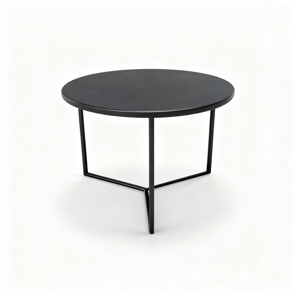 Set of 3 modular round nesting tables with copper-finish metal and raw grey concrete-style tops, featuring dynamic varying heights and tripod bases