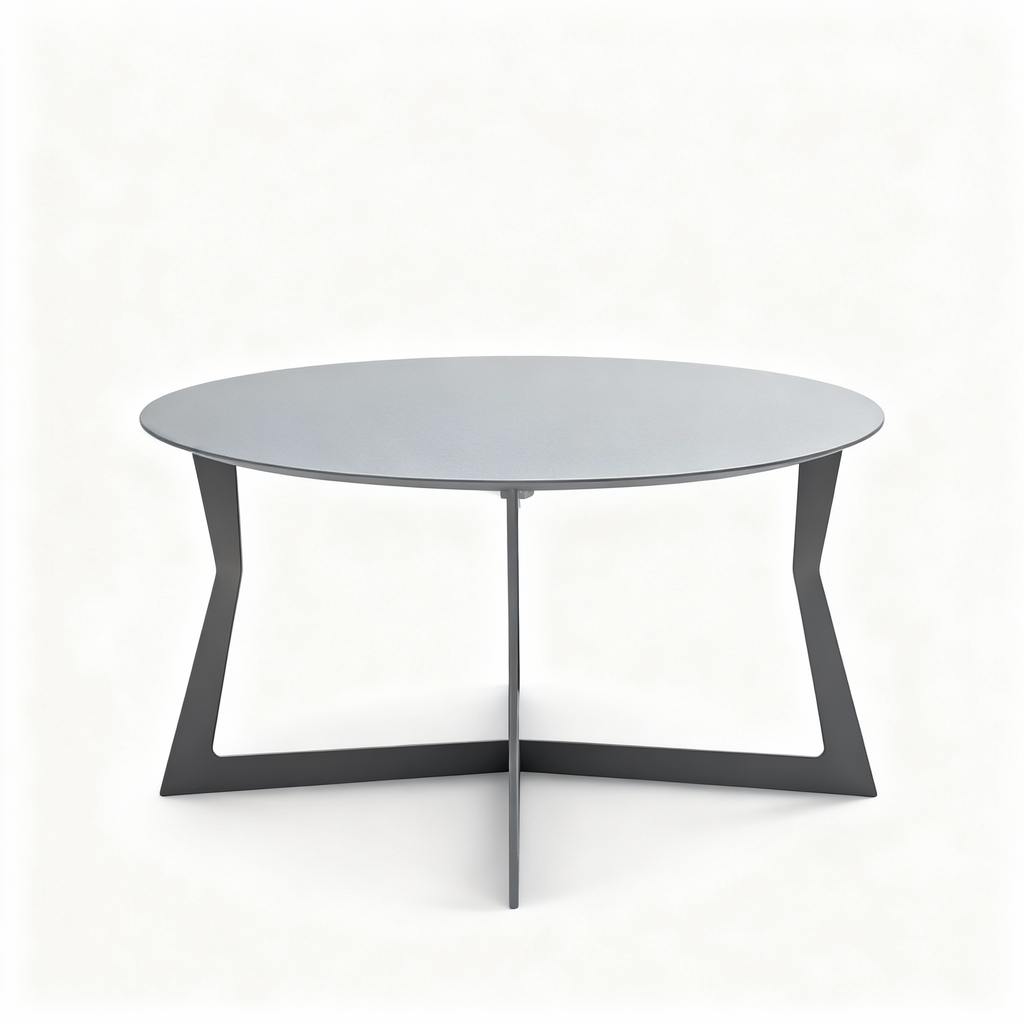 Set of 3 modular round nesting tables with copper-finish metal and raw grey concrete-style tops, featuring dynamic varying heights and tripod bases