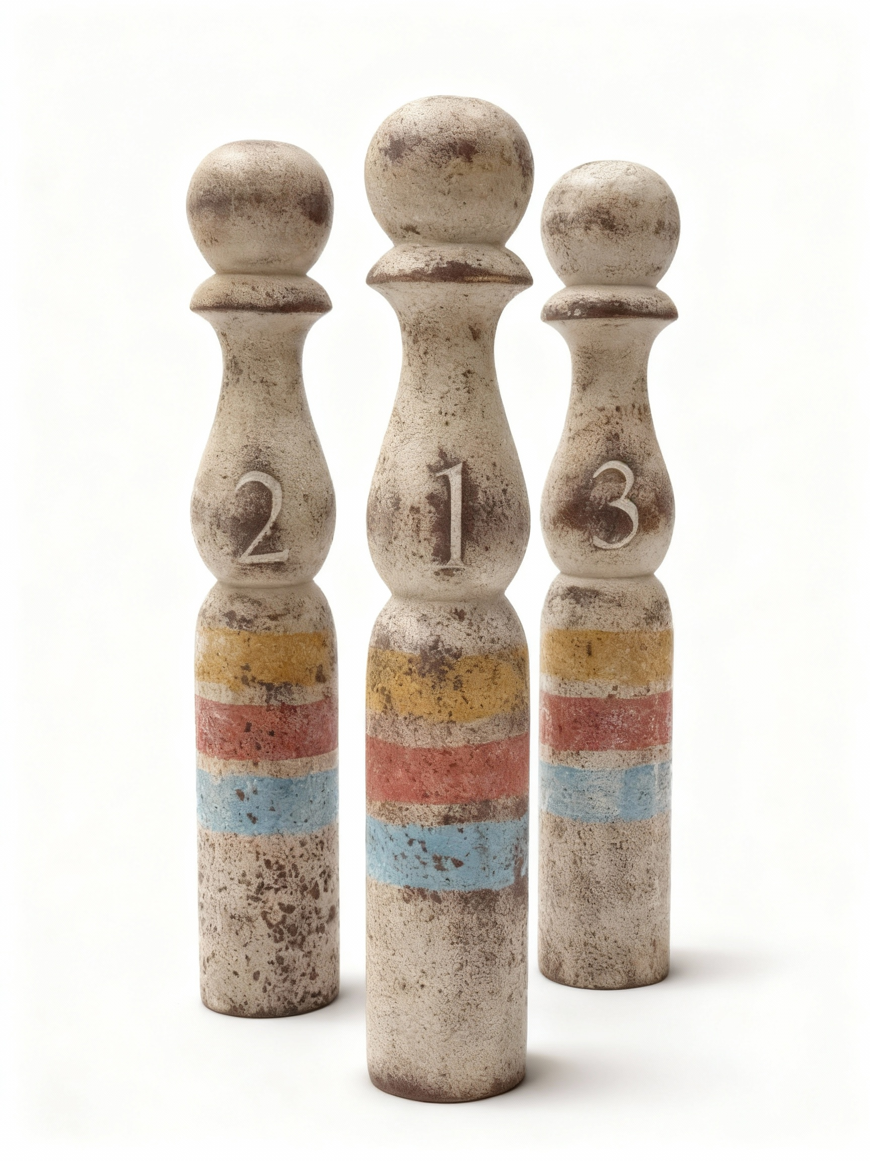 Set of 3 VINTAGE BOWL decorative pins in aged wood or ceramic with faded color bands (yellow, red, blue) and textured matte finish