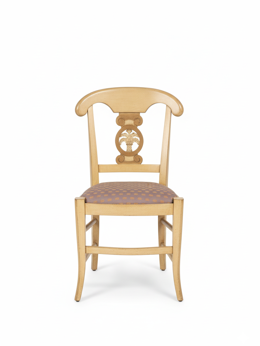 Set of 4 Louis-Philippe style dining chairs in light cherry wood with carved back medallion and mauve/terracotta patterned fabric