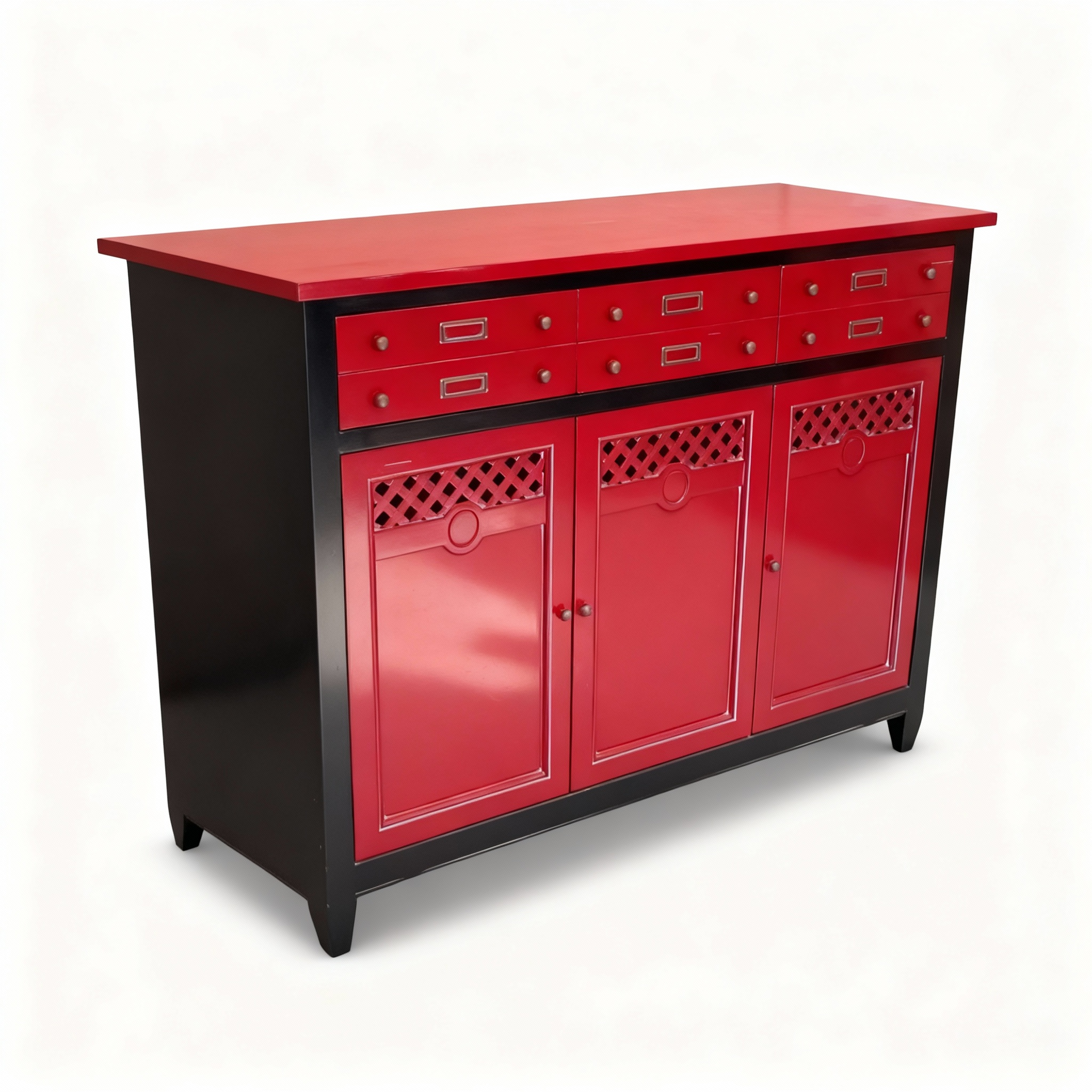 Spectacular "Shanghai Express" sideboard featuring a deep black lacquered frame, vivid red high-gloss fronts, three carved doors, and six practical drawers.