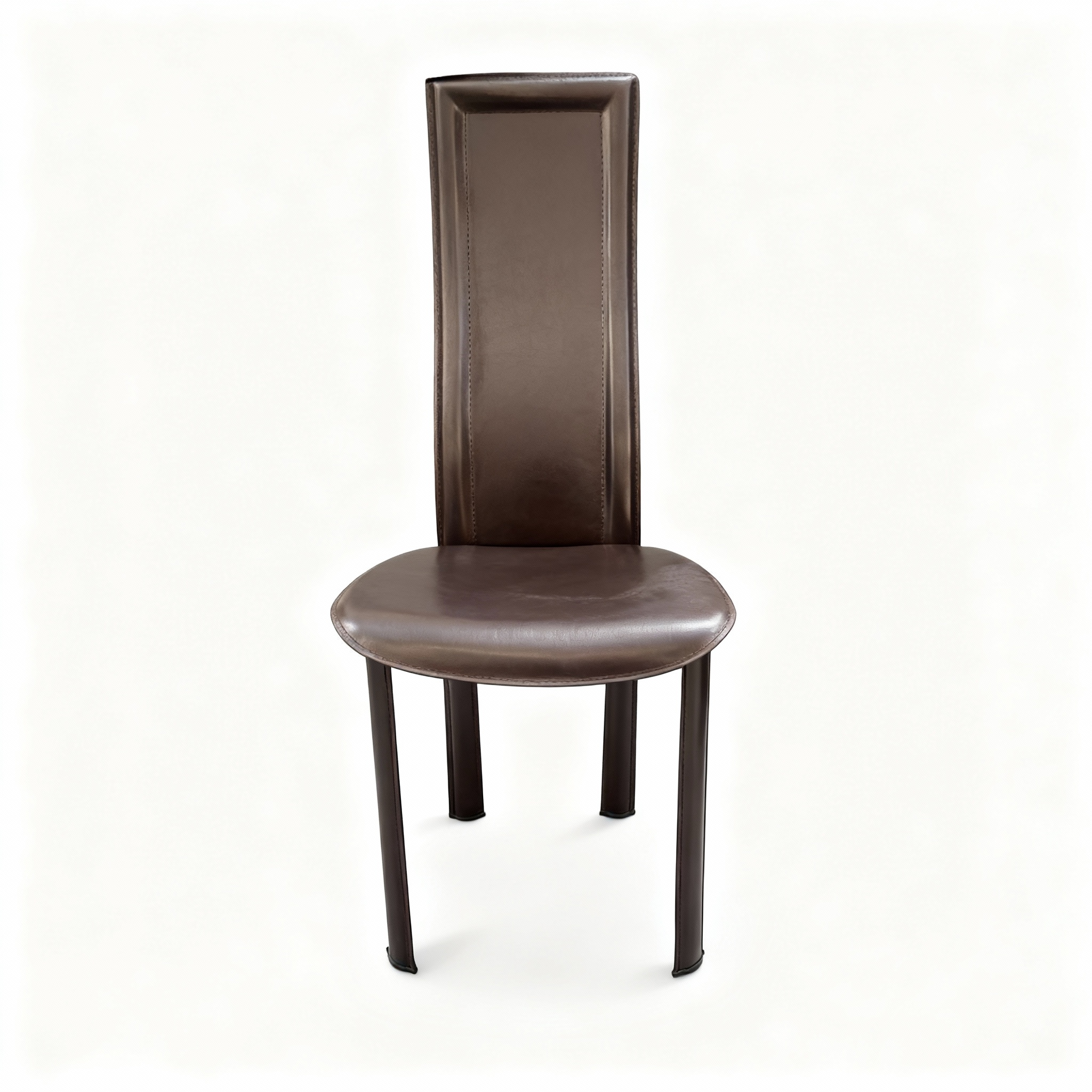 Sleek "Silhouette" dining chair with an extra-high, straight backrest, upholstered entirely in dark brown faux leather/fabric, on slim, minimalist wrapped legs.