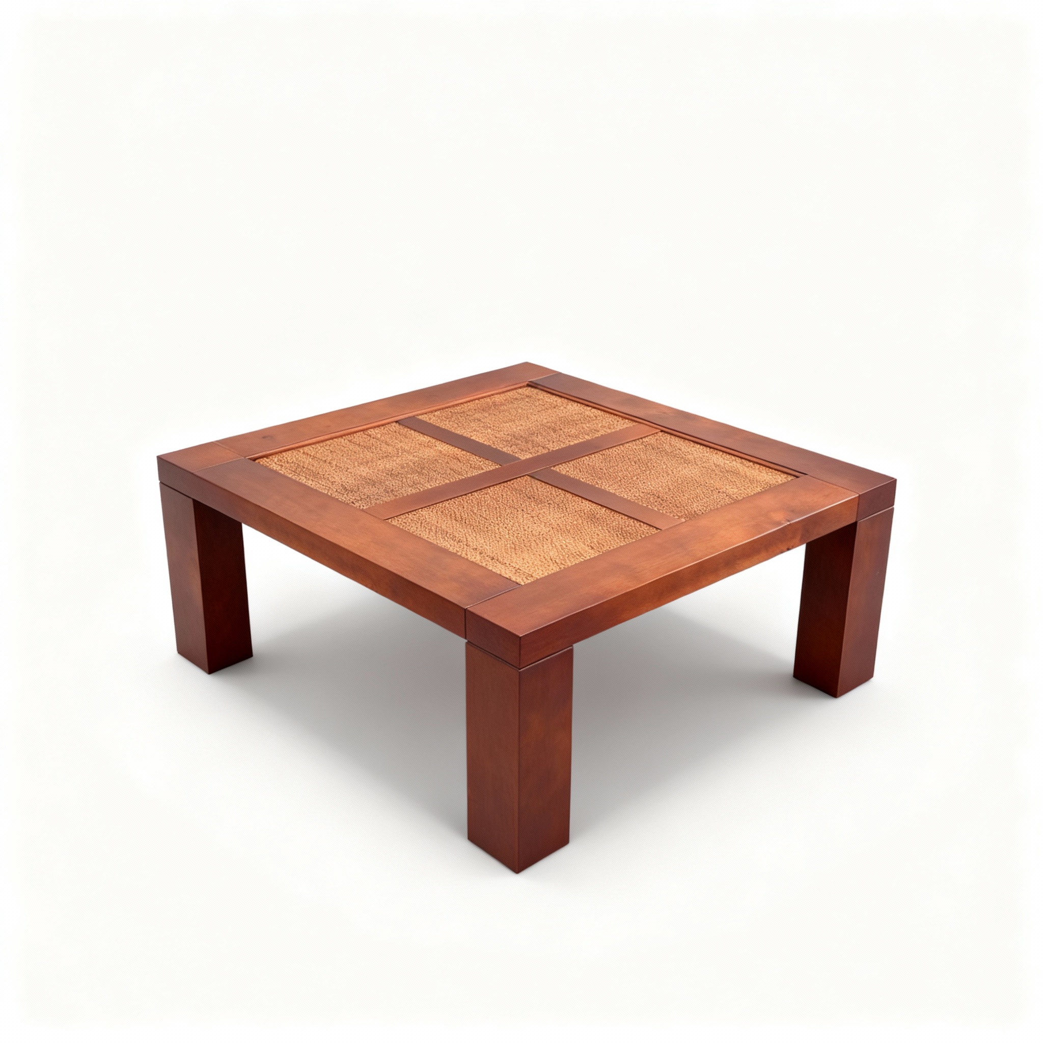 Square coffee table (100x100x45cm) in solid cherry wood with a large top featuring four natural woven rattan/cane panels, embodying colonial charm