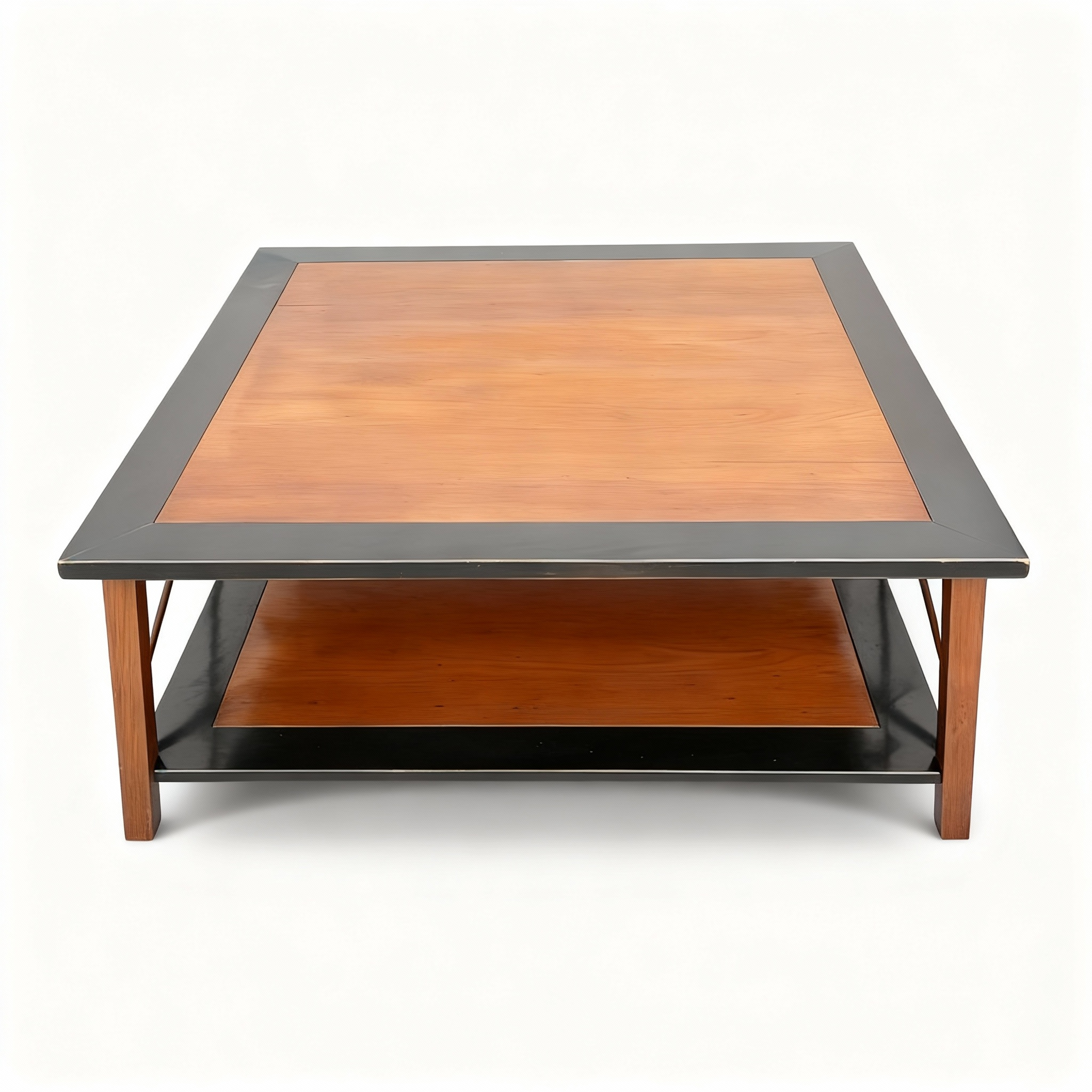 Square dual-tier coffee table (100x100x60cm) in solid cherry wood with a contrasting matte black rechampi frame and base, offering generous storage and display surfaces