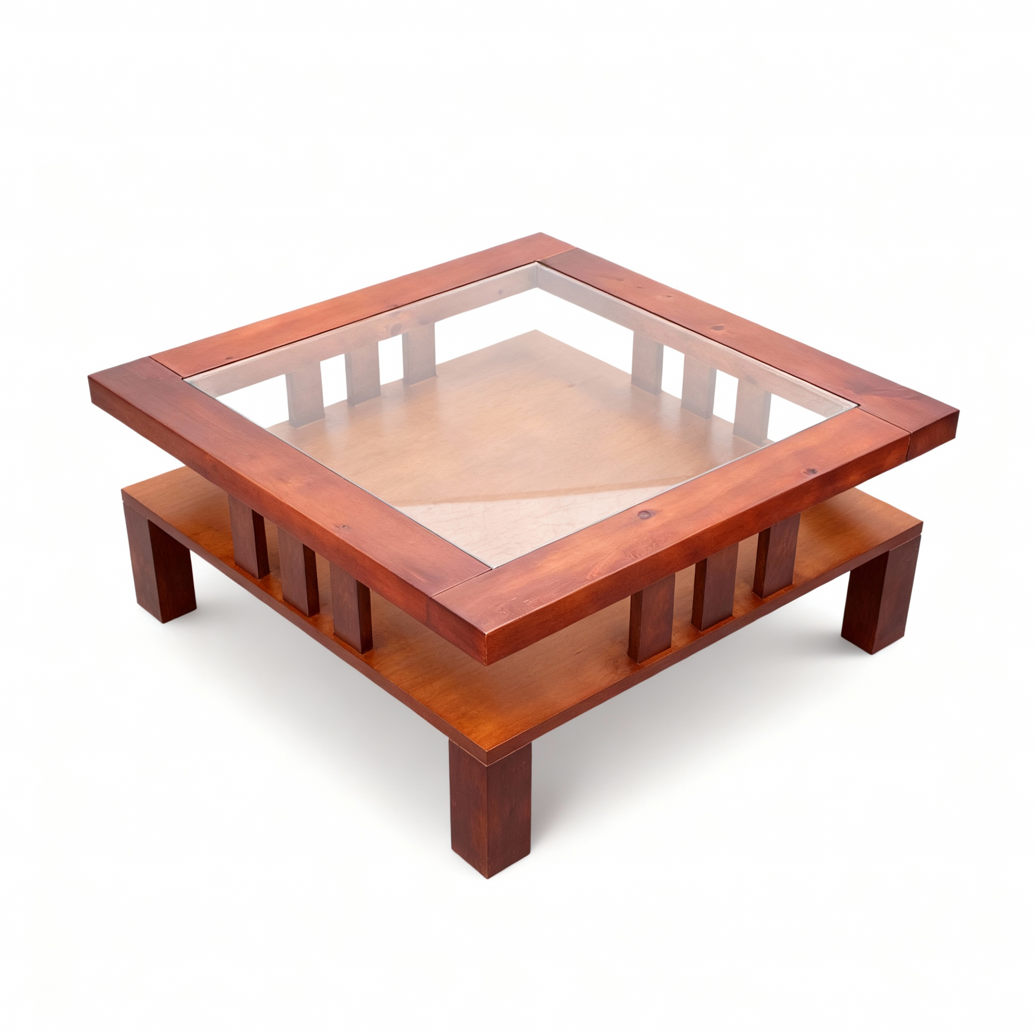 Square dual-tier coffee table (100x100x47cm) in solid cherry wood, featuring a tempered glass top and a visible lower display shelf