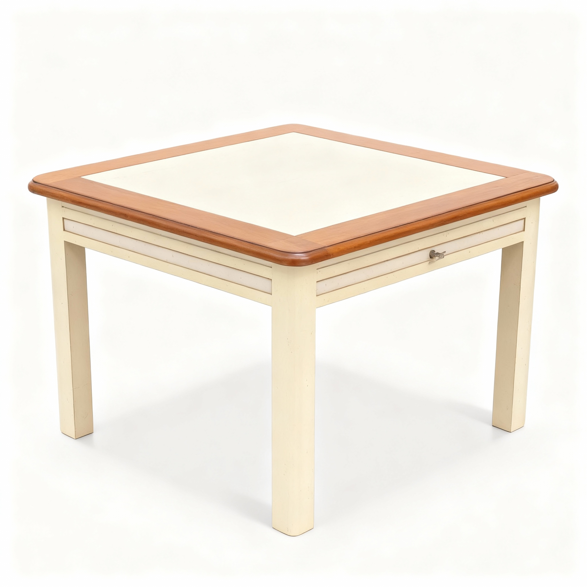 Square end table (75x75x55cm) in a two-tone finish (cherrywood frame and vanilla lacquer) featuring four convenient sliding trays for serving