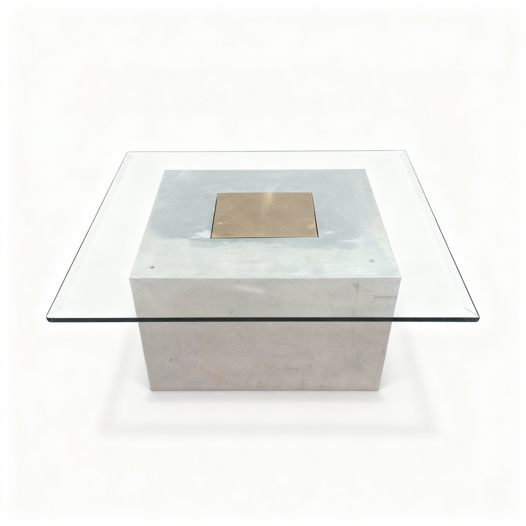 Square tempered glass coffee table (100x100x40cm) with a massive cubic base featuring a sophisticated metallic inset in aluminum and polished gold tones