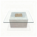 Square coffee table with glass top and dual-tone cubic base